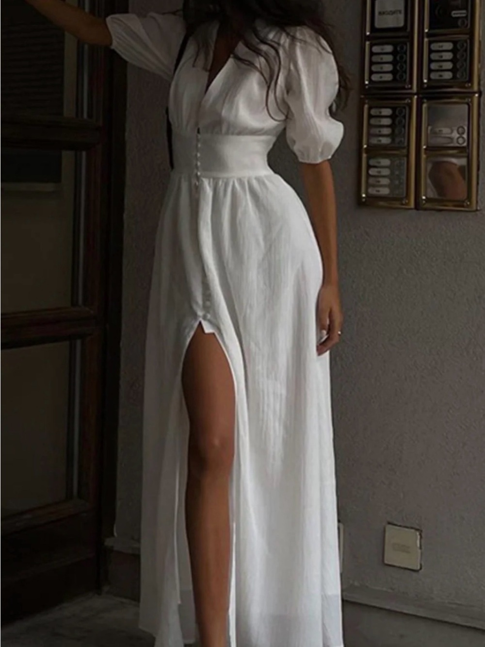Commense White Maxi Dress with Puff Sleeves and Front Slit